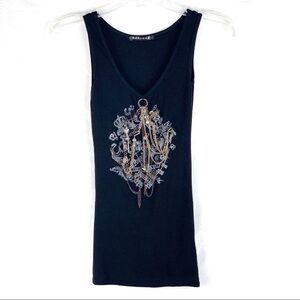 NEW-MARISA K Chains/Charms/Printed Black Tank Top